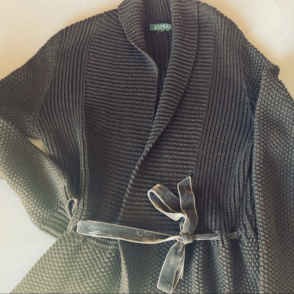 Lauren by RL chocolate brown short knot cardi with a velvet tie